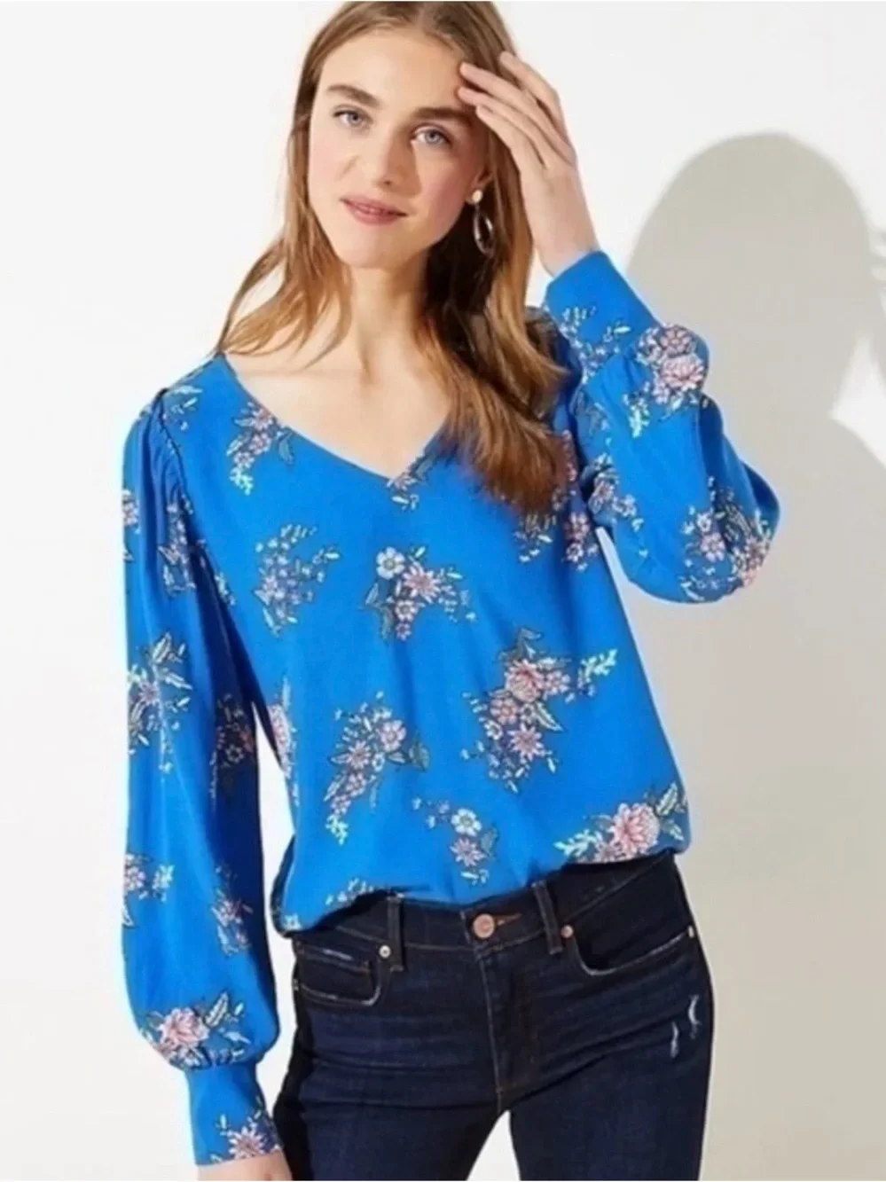 Loft PLUS SIZE 18 Floral Ruffle V-Neck Long Puff Sleeve Blouse in Royal Blue